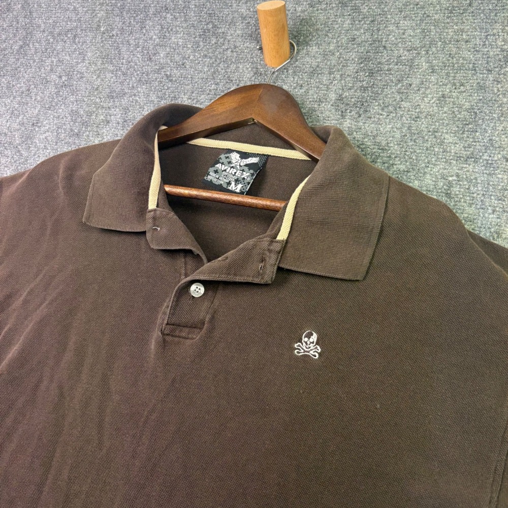 Avirex Polo Shirt Mens Medium Brown Skull Crossbones Cotton Pique Short Sleeve